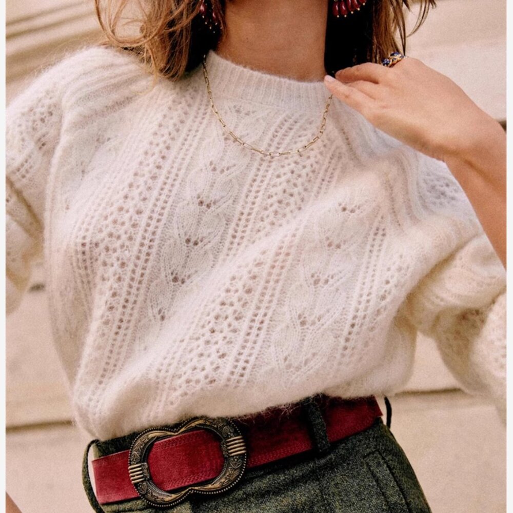 Sezane Cream Cable & Open-Knit Crewneck Sweater